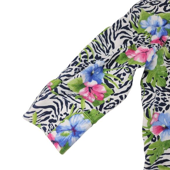 Vintage Hawaiian Cardigan Womens PL Large Petite 100% Linin Hibiscus Zebra Print - Picture 6 of 16